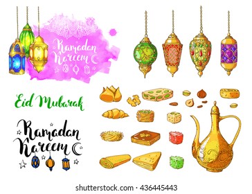 Mosque and lanterns. Traditional arabic Halal food. Vector watercolor background. Ink hand drawn inscription Ramadan Kareem and Eid Mubarak. Lettering. Calligraphy. 