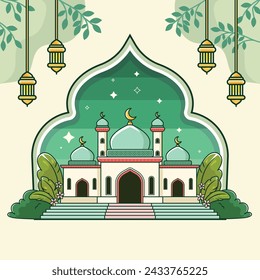 Mosque with lanterns and trees in the background