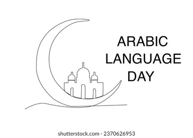 A mosque and a large crescent. Arabic language day one-line drawing