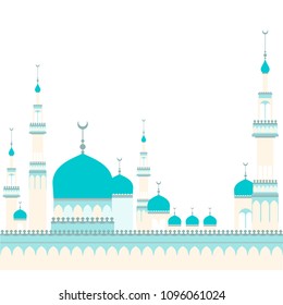 A mosque with a large number of domes and minarets. Beige turquoise. Bright domes, light walls. Vector illustration on a white background.