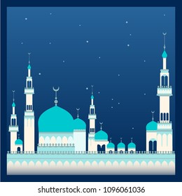 A mosque with a large number of domes and minarets against the background of a dark blue starry sky. Beige turquoise. Bright domes, light walls. Vector illustration.