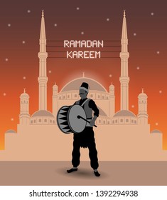 Mosque lights and ramadan drummer (Arabic – Blessed ramadan). All the objects are in different layers and the text types do not need any font.