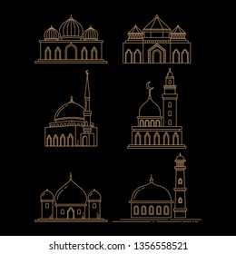 mosque line art icon set, vector template isolated black background