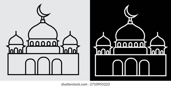 Ilustración vectorial de icono de arte de línea de mezquita. Dibujo de contorno de edificio islámico simple con símbolo de luna creciente.
