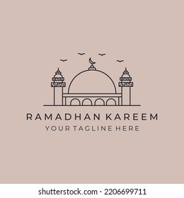 Moschee-Linie-Logo-Design-Illustration, Islamsymbol mit fliegendem Vogel
