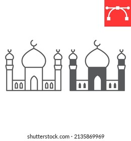 Icono de línea de mezquita y glifo, arquitectura e islámico, icono del vector de mezquita, gráficos vectoriales, símbolo de contorno de trazo editable, eps 10.