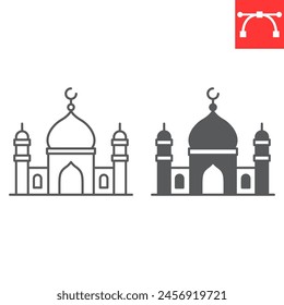 Mosque line and glyph icon, building and architecture , mosque and minaret vector icon, vector graphics, editable stroke outline sign, eps 10.