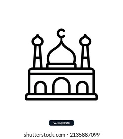 icono de la línea de mezquita. Ramadán, colección de símbolos de la festividad islámica. Iconos islámicos, iconos de signos del día musulmán aislados en fondo blanco. Libro del Corán, Linternas Tradicionales. 10.