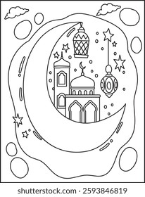 Mosque Line Minimalist Design of Islamic Ornament Background.Ramzan Kareem Coloring Page For Kids And Adults.