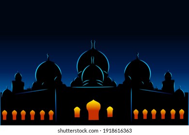 Mosque Line Pop Art logo. Islamic landmark colorful design with dark background. Abstract vector illustration. Isolated black background for t-shirt, poster, clothing, merch, apparel.