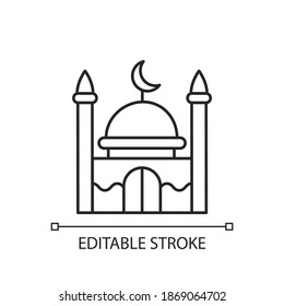 Mosque linear icon. Place of worship for muslims. Facilities from which call to prayer are issued. Thin line customizable illustration. Contour symbol. Vector isolated outline drawing. Editable stroke