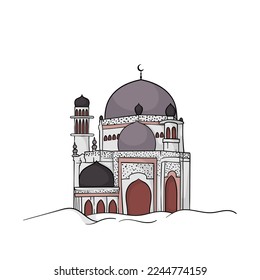 Mosque located in the middle of the desert in cartoon design for ramadan template