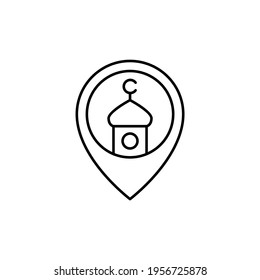 Moschee-Standortsymbol im flachen schwarzen Linienstil einzeln auf weißem Hintergrund 