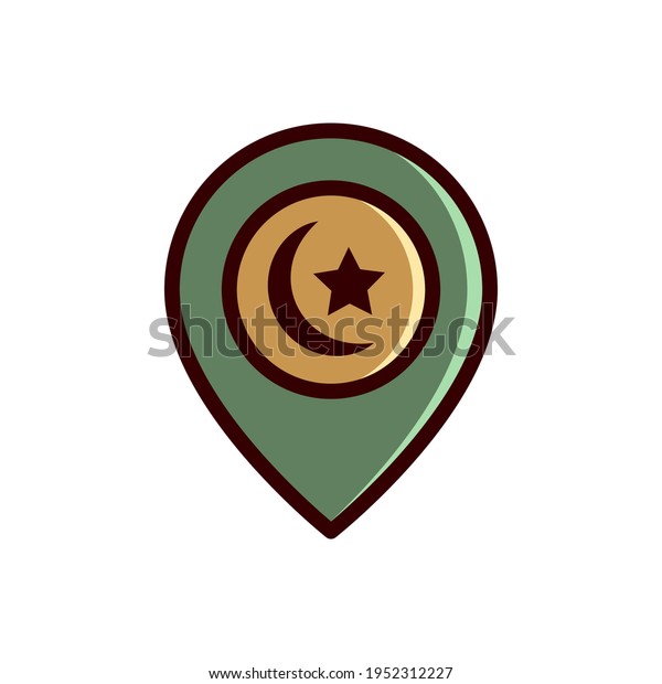 Mosque location icon, pin point symbol, vector\
illustration design. Mosque location icon represented by location\
tag and mosque