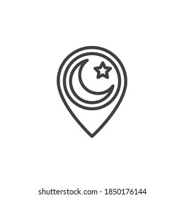 Icono de la línea del pin de ubicación de la mezquita. signo de estilo lineal para concepto móvil y diseño web. Marcador de mapa con icono vectorial de la luna islámica y la estrella. Símbolo, ilustración del logotipo. Gráficos vectoriales