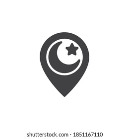 Mosque location pin vector icon. filled flat sign for mobile concept and web design. Map marker with Islamic star glyph icon. Symbol, logo illustration. Vector graphics