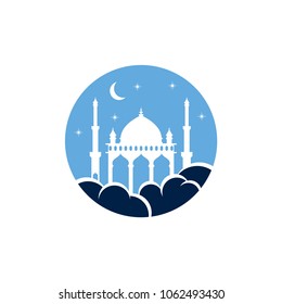 Mosque Logo In Circle Shape With Variation Cloud, Moon And Star, Label And Emblem For Greeting Card Ramadan, And Islamic Fest