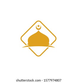 Mosque logo with crescent moon and star vector in gold color. Flat Illustration for islamic design