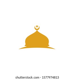 Mosque logo with crescent moon and star vector in gold color. Flat Illustration for islamic design