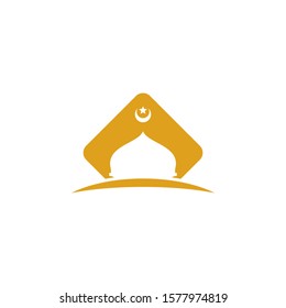 Mosque logo with crescent moon and star vector in gold color. Flat Illustration for islamic design