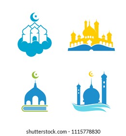 Mosque logo design emblem template. Masjid, place for praying muslim people vector illustration 