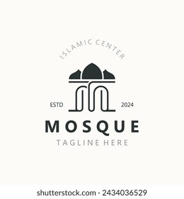 Diseño del logotipo de la mezquita, arquitectura islámica simple, emblema símbolo centro islámico plantilla de vector
