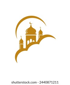 Mosque logo. Islamic theme, gold color, mosque object, circular crescent moon, clouds, simple, modern logo.