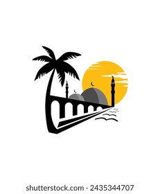 mosque logo vector with sunrise concept with palm trees which makes the logo seem simple and modern