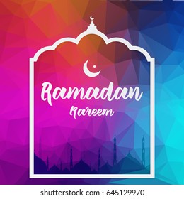 Mosque made by colourful abstract low-poly design with White Arabic Islamic Calligraphy of text Ramadan Kareem for Holy Month of Muslim Community Festival celebration. Vector illustration eps 10. 