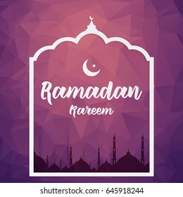 Mosque made by colourful abstract low-poly design with White Arabic Islamic Calligraphy of text Ramadan Kareem for Holy Month of Muslim Community Festival celebration. Vector illustration eps 10.