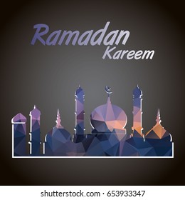 Mosque made by colourful abstract low-poly design with White Arabic Islamic Calligraphy of text Ramadan Kareem for Holy Month of Muslim Community Festival celebration. Vector illustration eps 10.