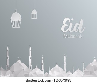 Mosque made by grey abstract polygon design with White Arabic Islamic Calligraphy of text Ramadan Kareem for Holy Month of Muslim Community Festival celebration. Vector illustration eps 10.