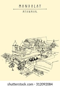 A mosque in Mandalay, Myanmar (Burma), Southeast Asia. Above view. Vector travel sketchy drawing. Touristic postcard, poster, coloring book, banner or calendar concept idea. Hand lettering, copy space