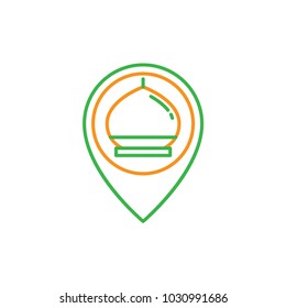 Mosque map pin location. Simple monoline icon style for muslim ramadan and eid al fitr celebration.