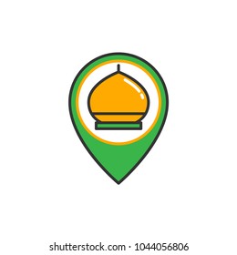 Mosque map pin location. Simple monoline icon style for muslim ramadan and eid al fitr celebration.