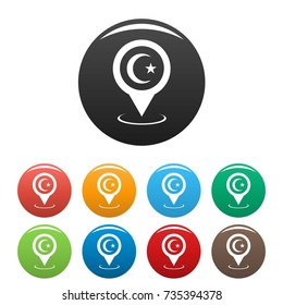 Mosque map pointer icons set. Vector simple set of mosque map pointer vector icons in different colors isolated on white