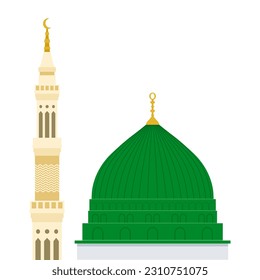 Mosque or masjid Al Nabawi minaret and green dome in Madinah, flat illustration, isolated on white background, vector, Saudi Arabia