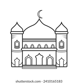 Mosque or masjid building for praying icon vector illustration outline isolated on square white background. Simple flat black and white monochrome minimalist cartoon art styled drawing.