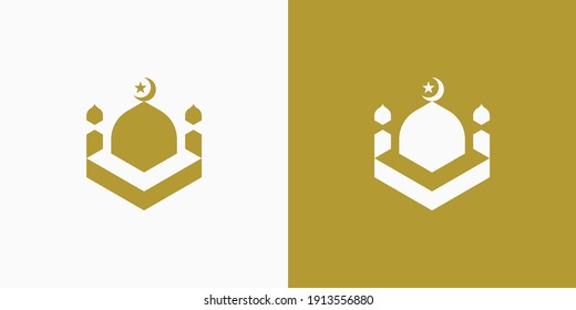 Moschee oder Masjid Logo Design. Professionelle und moderne goldene Moschee, Vektorgrafik. Goldenes Dom-Moschee-Gebäude. Einfache Luxus-Illustrationssymbol oder Symbol für islamische Organisation oder muslimische Gemeinschaft.