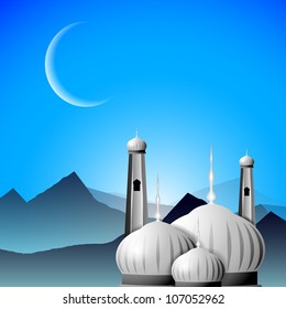 Mosque or Masjid with moon on evening background. EPS 10. 3D illustration.