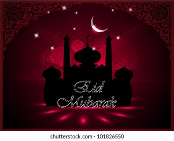 Mosque and Masjid silhouette with moon and Eid Mubarak  text on floral background in maroon color, frame or template. EPS 10. Vector illustration
