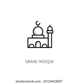 Mesquita. Masjid! Ícone de linha simples com trabalho de sombra. Vetor isolado para design adicional. Ícone religioso. Arquitetura islâmica.Ícone da Grande Mesquita Ideal para Arquitetura Religiosa e Projetos de Adoração.