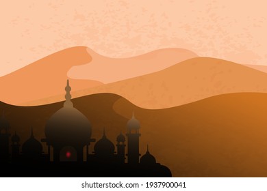 Mosque in the middle of the desert with grunge texture. Ramadan Kareem. Vector illustration