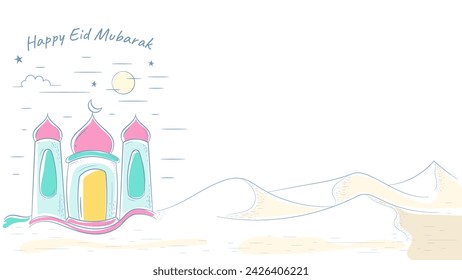 Mosque in the Middle of the Desert Hand Drawn. Eid Mubarak Concept, Suitable For Greeting Cards, Posters and Background