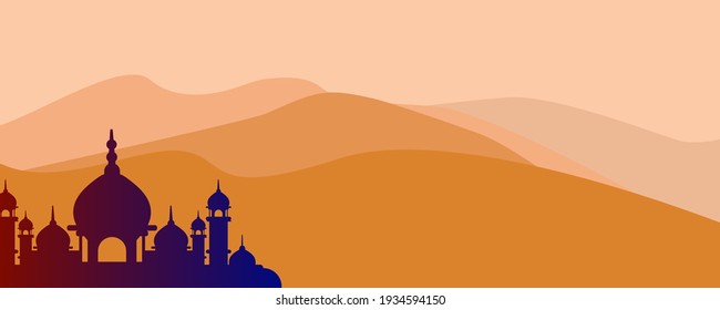 Mosque in the middle of desert mountains. Ramadan Kareem. Web banner design. Vector design