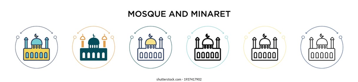 Mosque and minaret icon in filled, thin line, outline and stroke style. Vector illustration of two colored and black mosque and minaret vector icons designs can be used for mobile, ui, web
