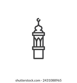Icono de línea de minarete de mezquita. signo de estilo lineal para concepto móvil y diseño web. Icono de vector de contorno de torre de minarete. Símbolo, ilustración del logotipo. Gráficos vectoriales