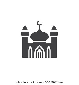 Mosque with minaret vector icon. filled flat sign for mobile concept and web design. Islamic Mosque building with crescent glyph icon. Symbol, logo illustration. Vector graphics