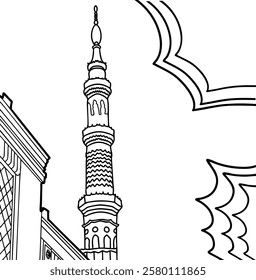 Mosque Minaret Vector Illustration, Islamic Architecture, Arabic Design, Traditional Tower, Religious Symbol, Line Art, Black and White, Isolated on White Background for Design and Decoration.