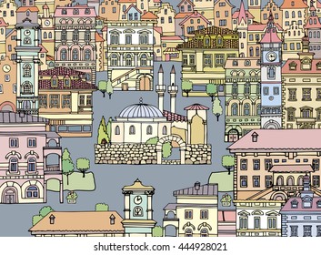 Mosque with minarets in a European city.Sketch,hand drawn,cartoon style.The proximity of western and orient culture.Europe and orient style.Different shape old houses.Facades of variegated buildings